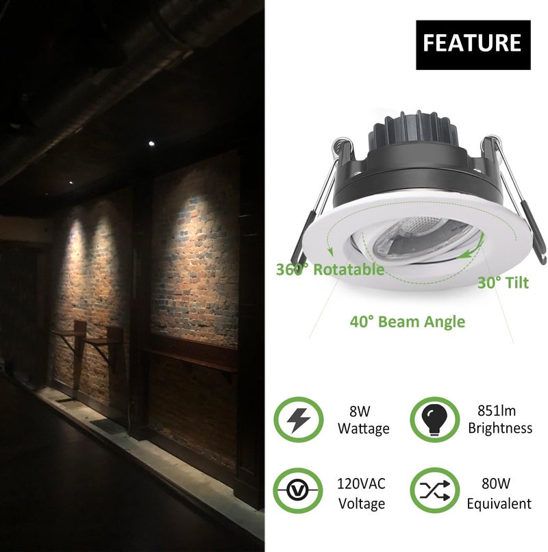 POPANU Canless Recessed Gimbal Downlight Rotatable-Spotlight 5 CCT 3 Inch Eyeball Ceilling Potlight, Dimmable Recessed Lights Fixture with Junction Box, 8W CCT Adjustable, White Round Trim, 6 Pack - Image 3